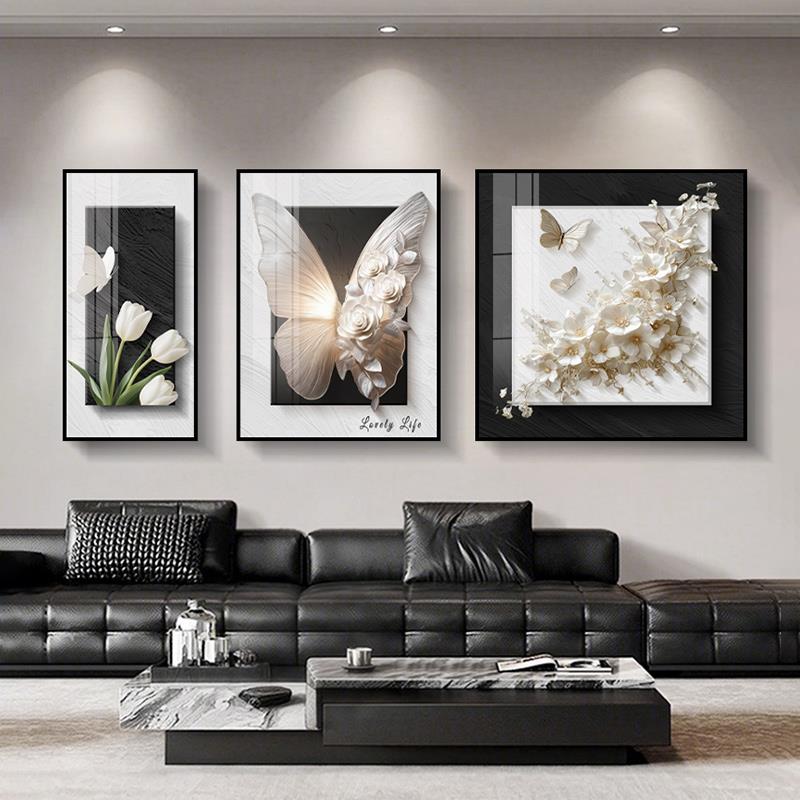 现代简约客厅装饰画轻奢高级感沙发背景墙挂画轻奢黑白蝴蝶三联画