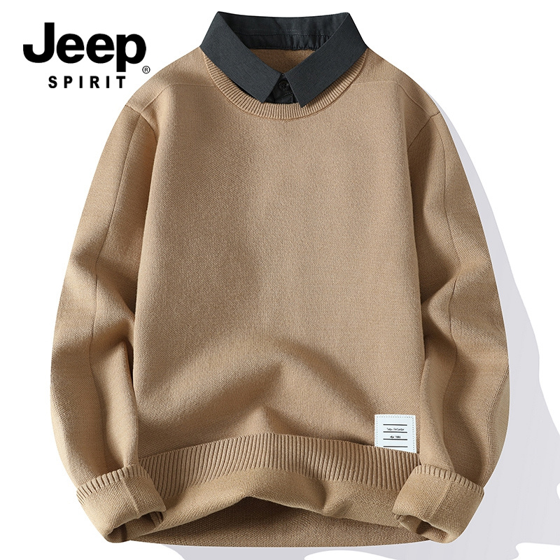 JEEPSPIRIT秋冬日系打底衬衫领假两件套头保暖长袖毛衣带领针织衫