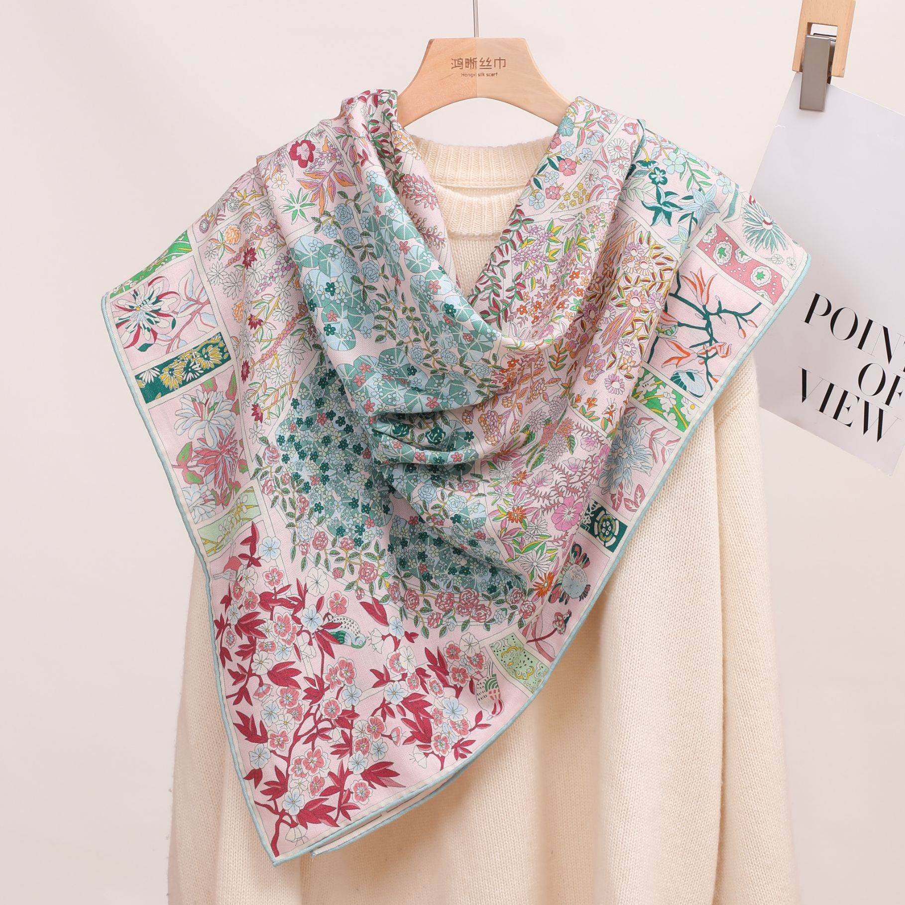 真丝羊毛双面粉色莫奈花园105方巾女士丝巾围巾防晒披肩外搭F281