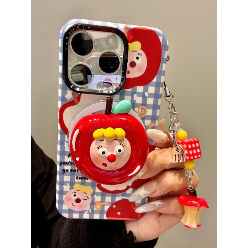 创意蓝格纹苹果头套小女孩支架适用iphone16prom苹果15手机保护壳