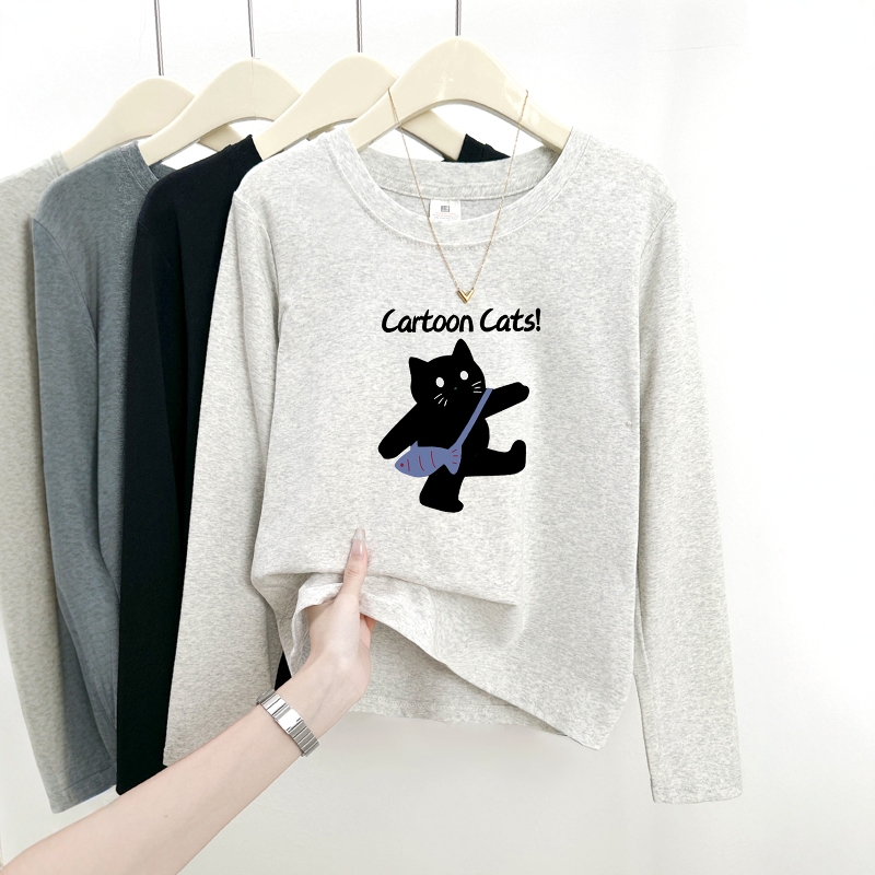 可爱猫咪印花秋冬2025新款圆领正肩长袖T恤女小清新百搭显瘦上衣