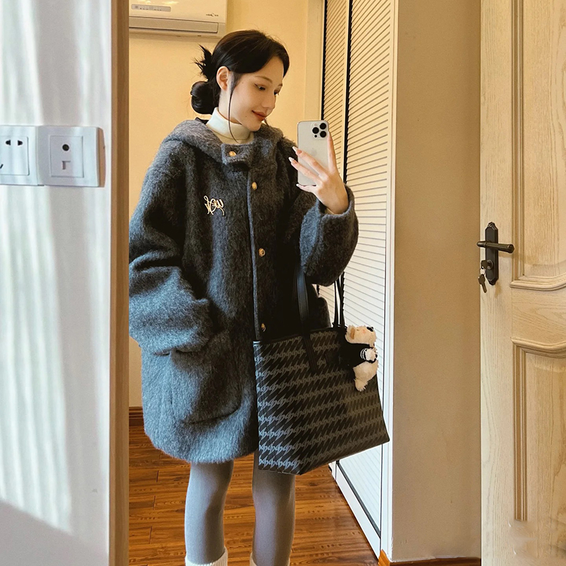 灰色呢子大衣女短款小个子2025冬季高级感加棉加厚连帽毛呢外套