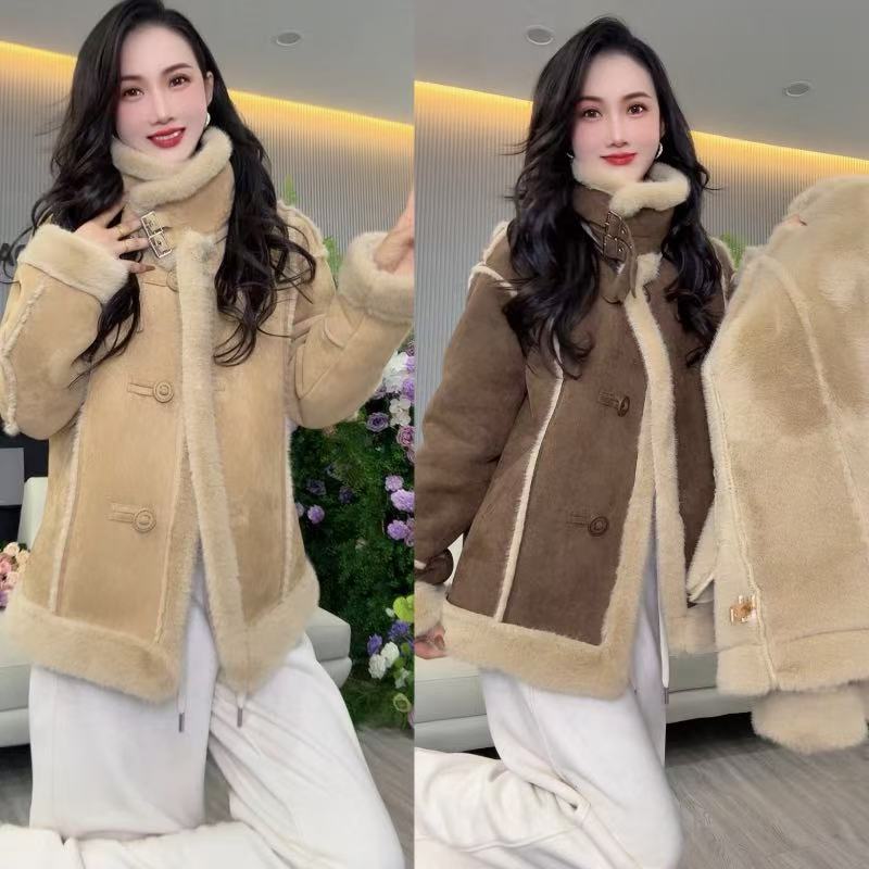 雅希定制~【轻暖边界】翻领皮毛一体加绒外套新款保暖百搭夹克