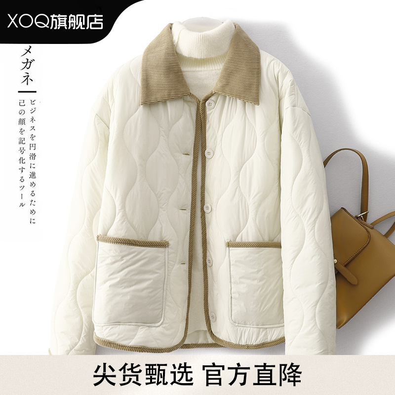 XOQ轻薄棉服女短款冬季复古衬衫领小个子夹棉菱格棉衣棉袄外套