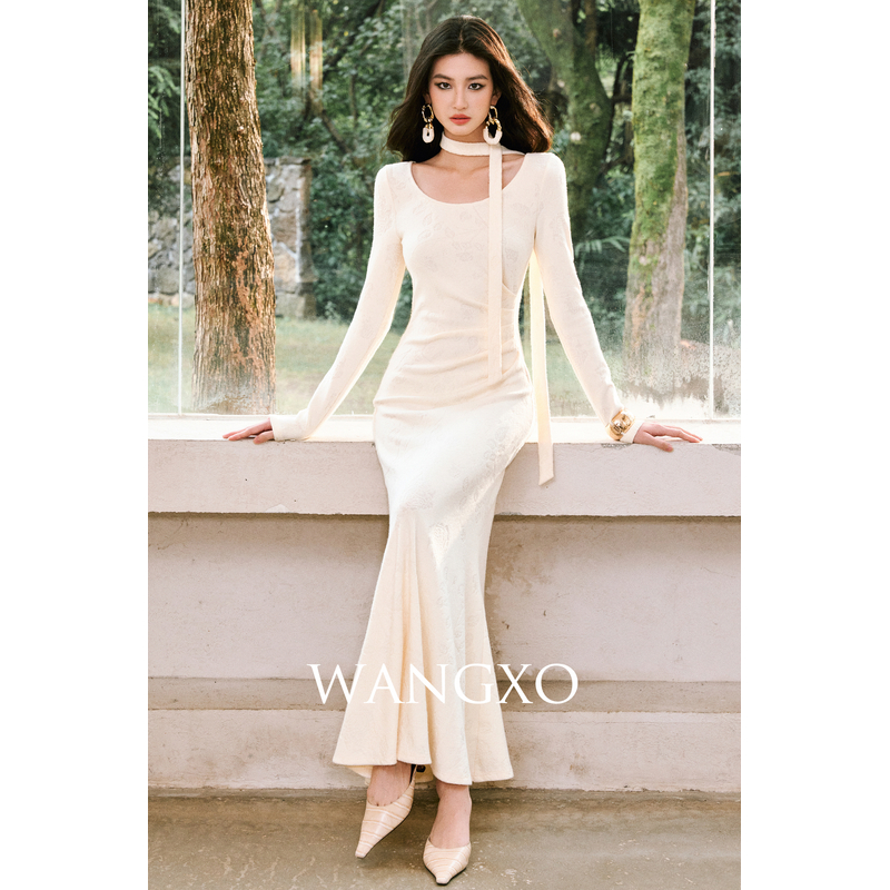 WANGXO 提花针织飘带鱼尾裙 2501209W