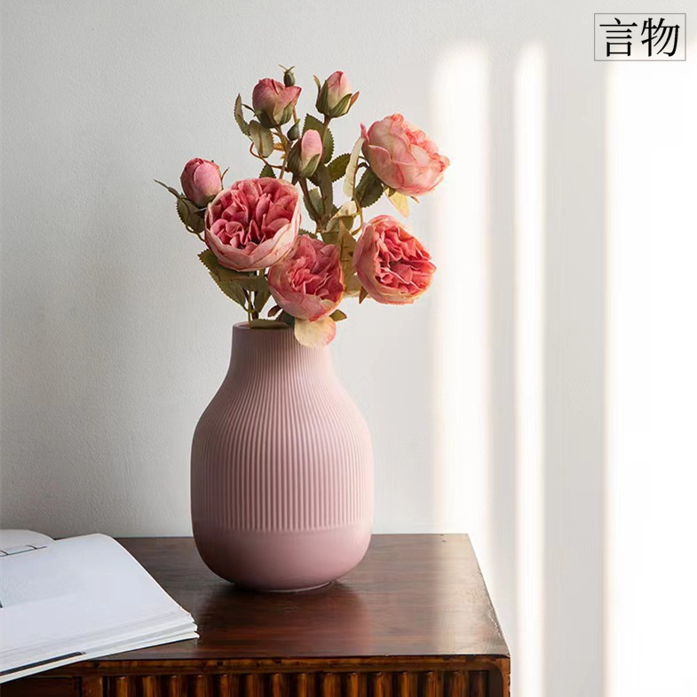 法式大肚小花瓶桌面陶瓷摆件ins风竖纹陶瓷花瓶插花高级感花器