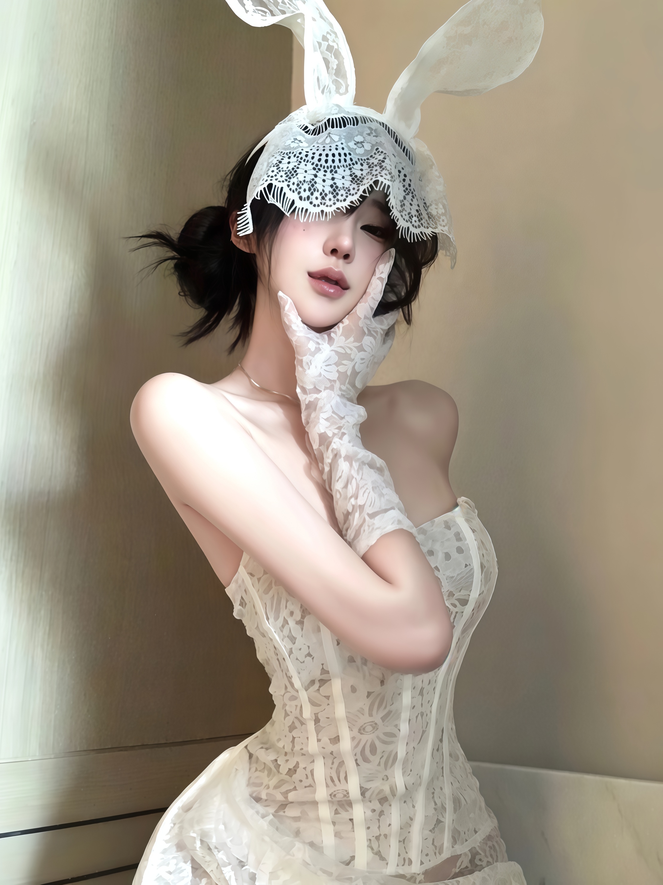 【纯白花嫁】性感蕾丝包臀短裙万圣节兔女郎抹胸连衣裙绑带修身网纱