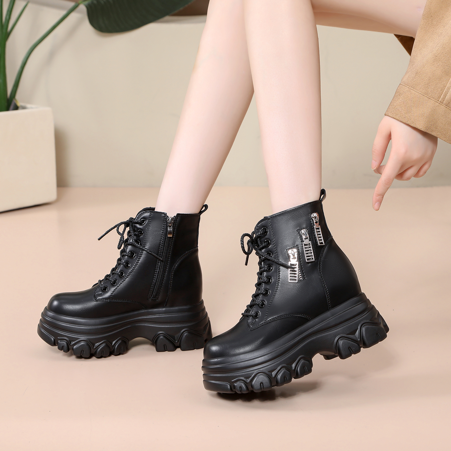 超高跟8-10CM厚底马丁靴秋冬新款内增高单靴小个子高帮鞋短靴子