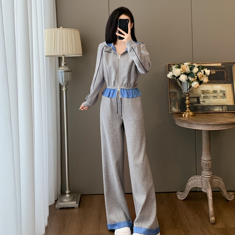 灰色时尚花边格纹拼接卫衣阔腿裤秋季设计感韩系穿搭休闲运动套装