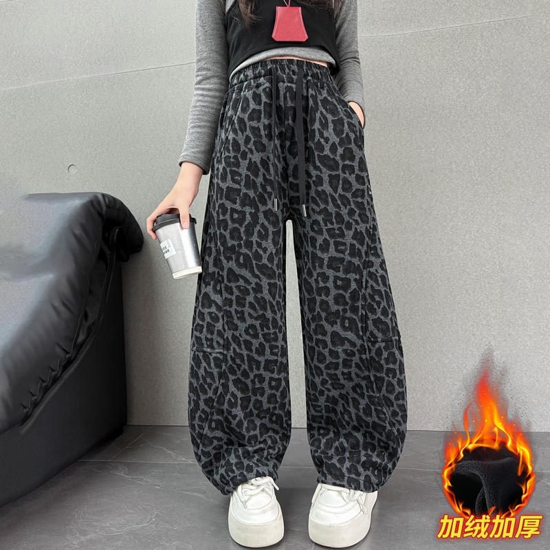 女童豹纹阔腿裤秋冬2025新款儿童时髦洋气炸街宽松直筒学生休闲裤
