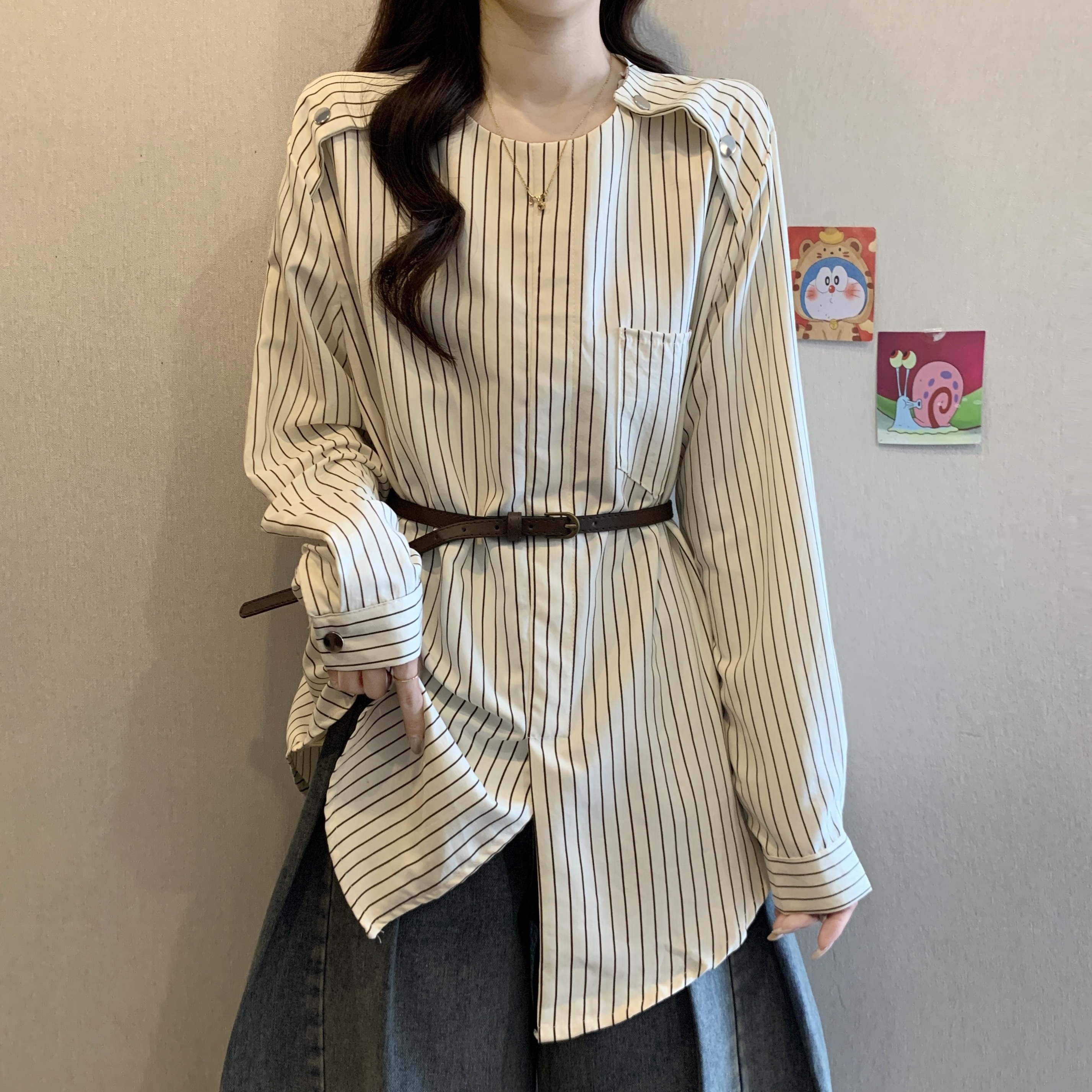 大码遮肚子韩版条纹正肩长袖衬衫女春秋2025新款胖mm显瘦百搭上衣