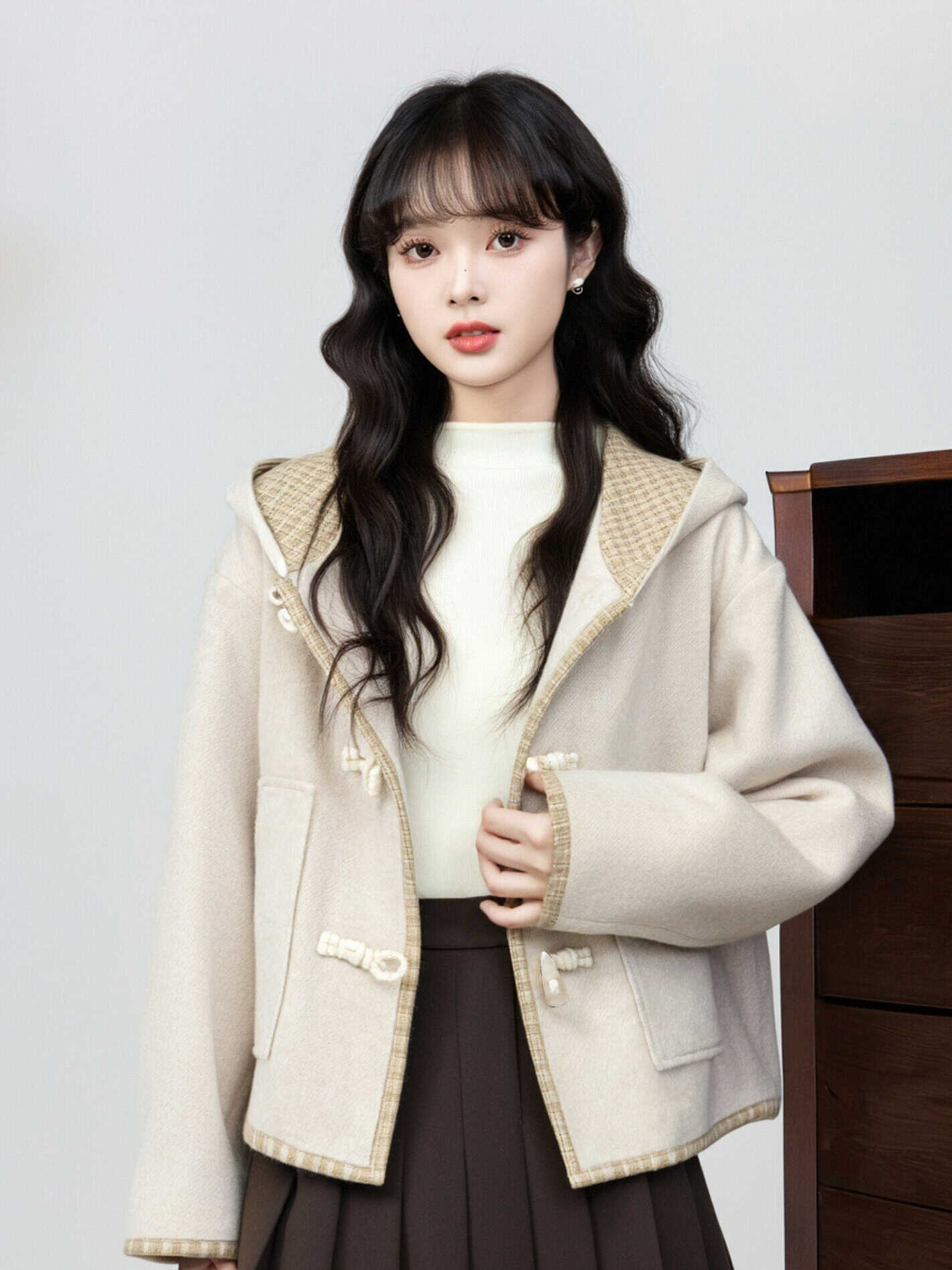 燕麦色连帽毛呢外套女秋冬2025冬季新款宽松呢子大衣新款潮牌女装