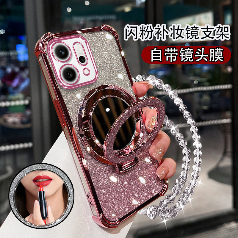 适用OPPORENO14气囊防摔手机壳闪粉镜子支架13/12全包镜头膜11/10