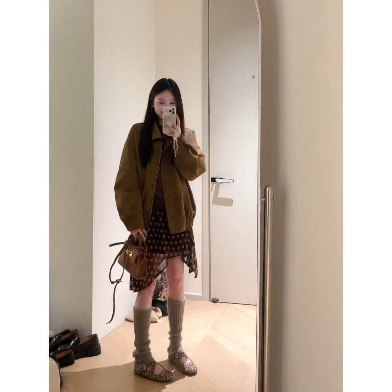 MARIE.COCO美拉德复古棕色夹克外套露肩卫衣不规则波点半身裙套装