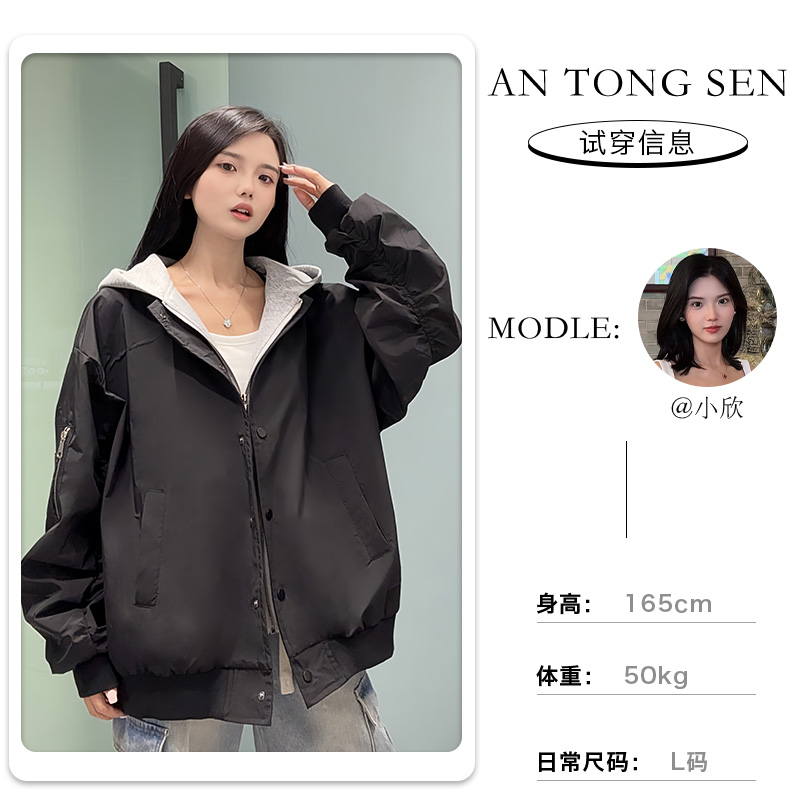 【小欣定制】潮牌小众设计感连帽假两件美式宽松休闲情侣外套8982