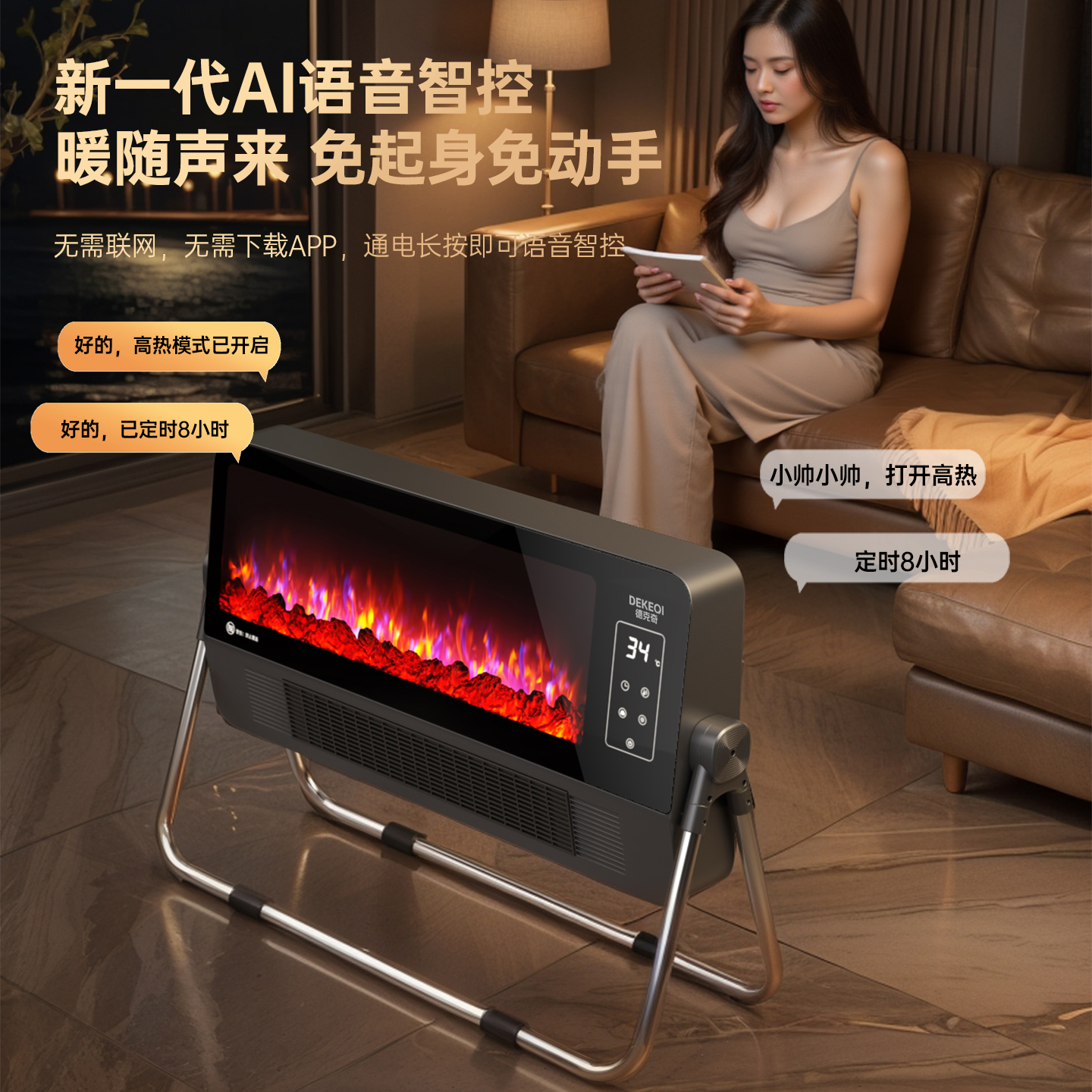 2025新款家用大面积智能暖风机石墨烯火焰取暖器电暖气仿真烤火炉