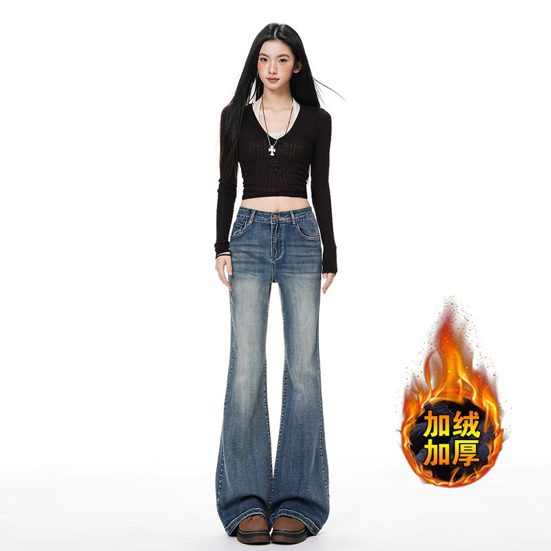 复古加绒加厚微喇牛仔裤女2025冬季新款修身显瘦高腰百搭喇叭裤子