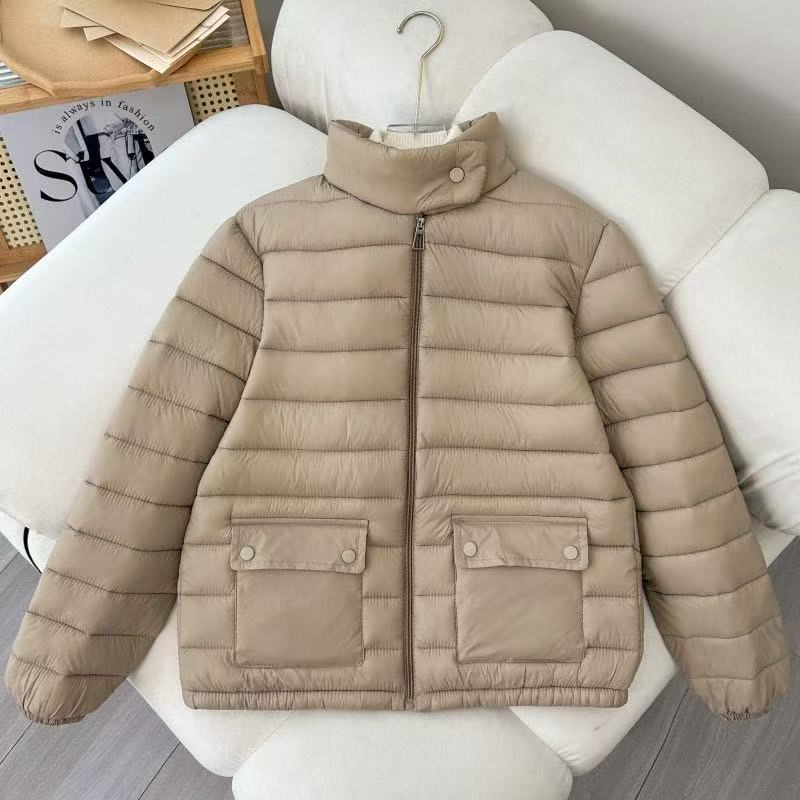 秋冬季女士轻薄立领棉服短款修身百搭纯色简约气质通勤保暖外套潮