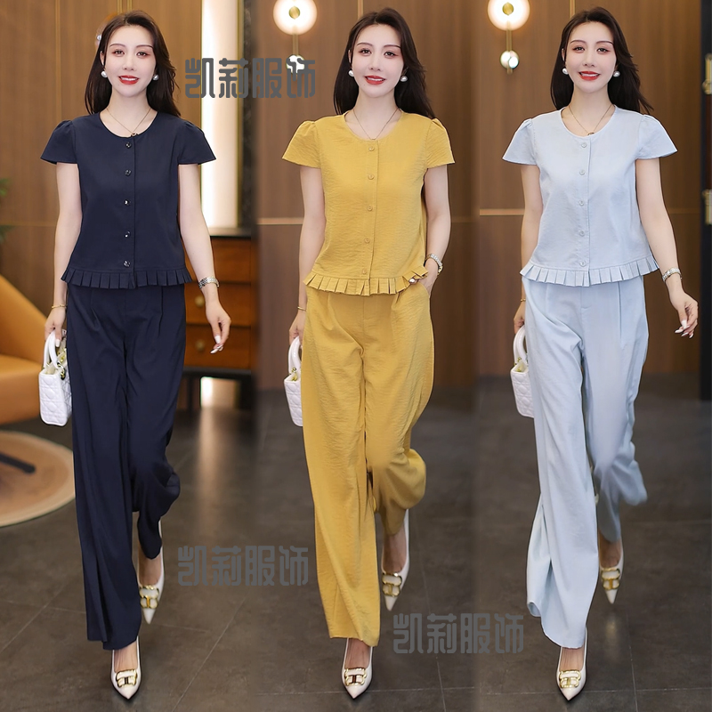 韩版短袖休闲套装女2025夏新款时尚减龄气质百搭上衣阔腿裤两件套