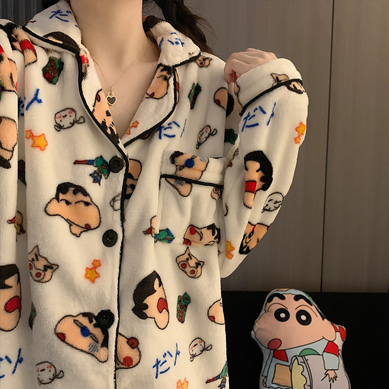 【白色蜡笔小新】睡衣女冬季情侣长袖套装男法兰绒保暖家居服可外穿