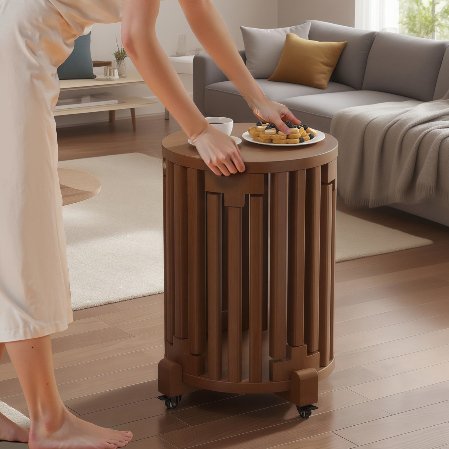 实木叠叠凳家用可移动万向轮滑小凳子可叠放板凳六合一组合高圆凳