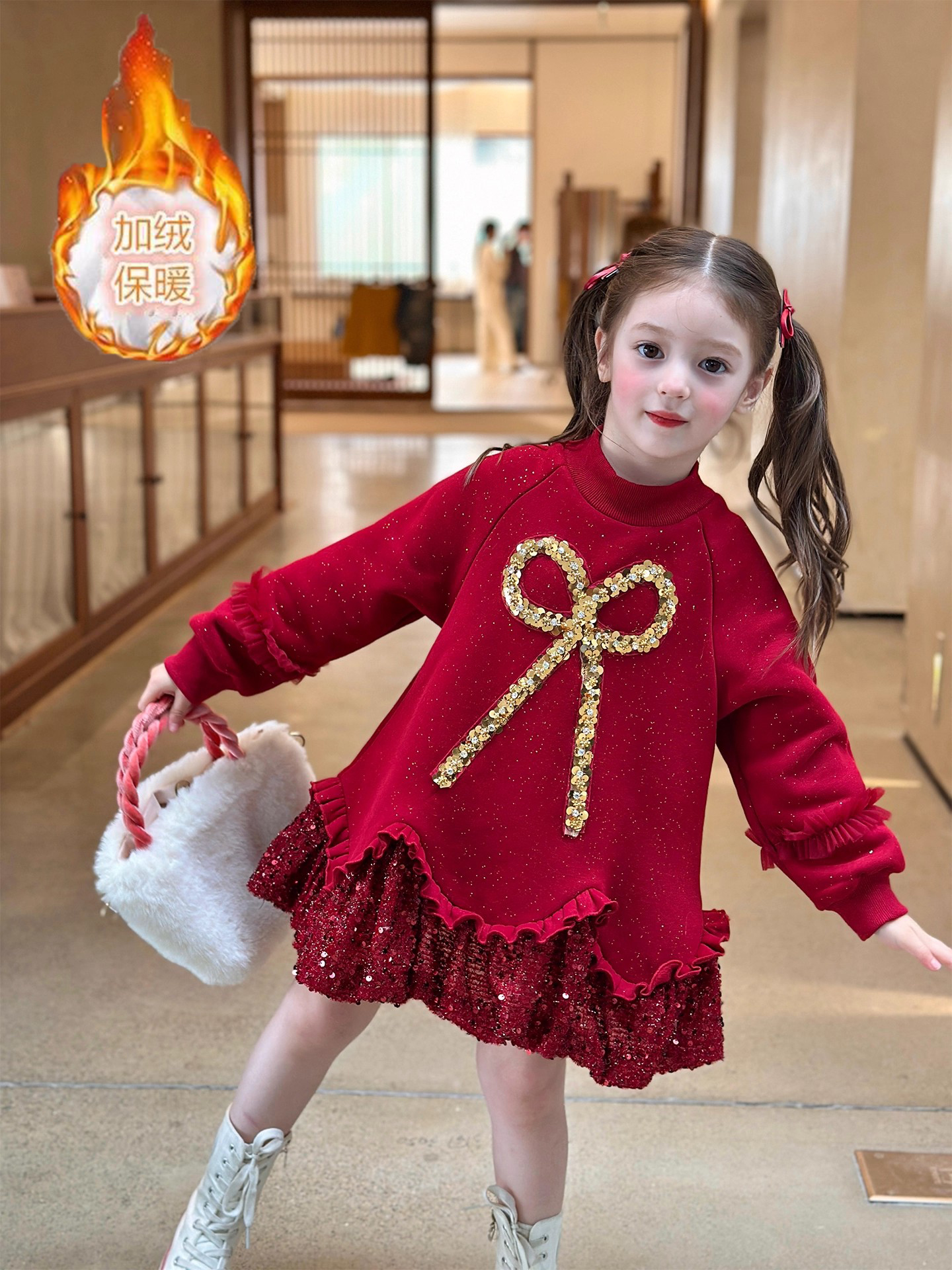 女童纯色秋冬加绒保暖花苞裙长袖蓬蓬裙连衣裙女宝宝洋气拜年服潮