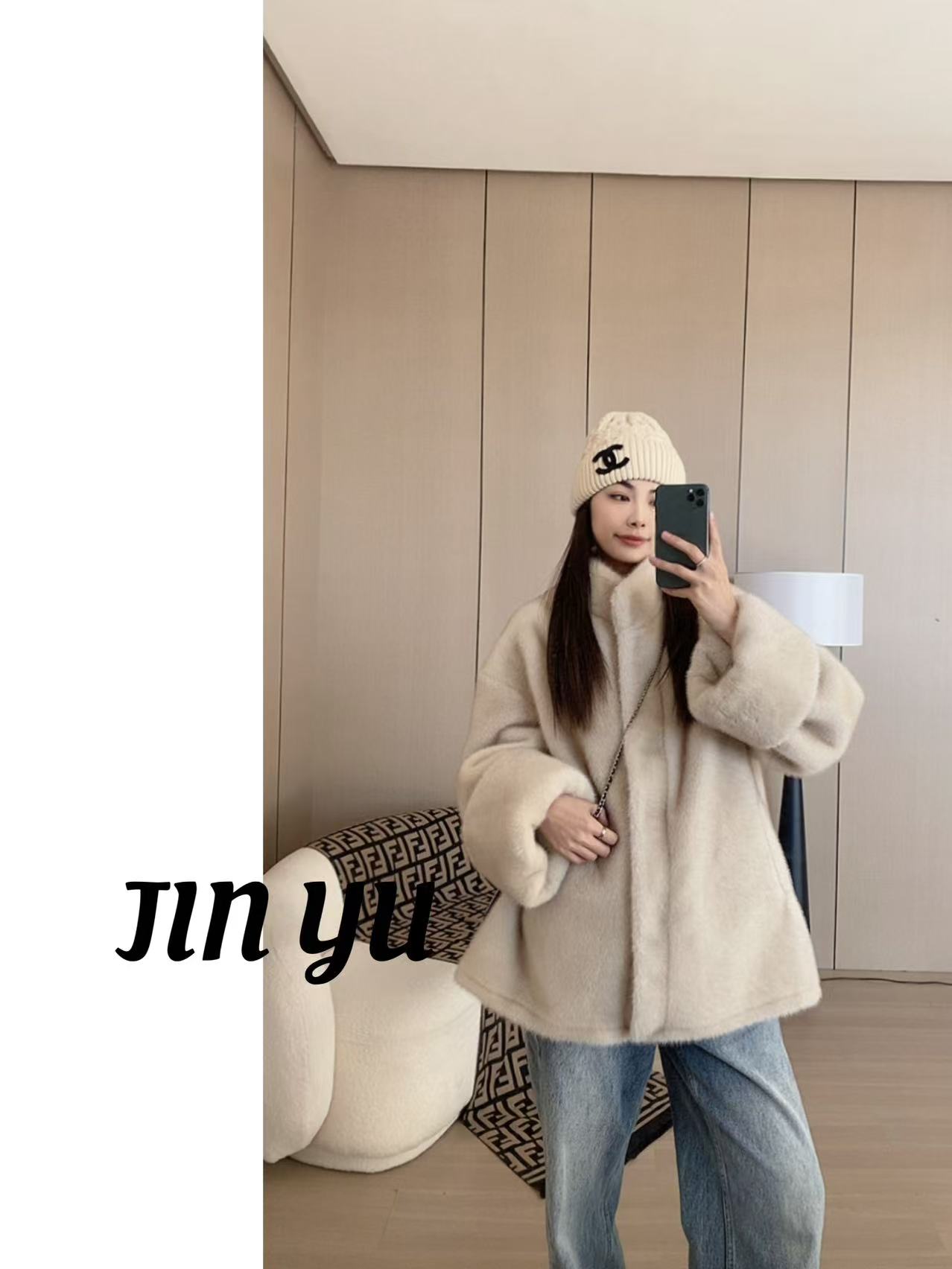 JINYU2024秋冬新款韩版中长款立领挽袖中古百搭双色毛毛外套短款