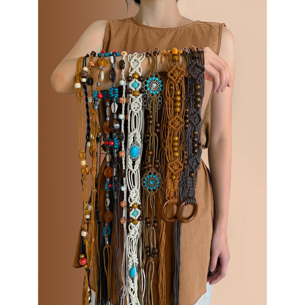 W波西米亚复古腰链配饰女民族风腰带配裙子小众手工编织流苏腰绳