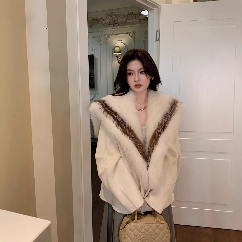 25秋冬可拆卸狐狸毛皮草披肩高级感双面羊绒大衣女小个子毛呢外套