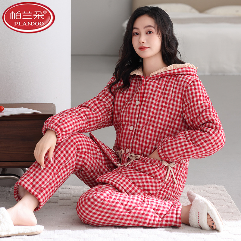 帕兰朵梭织纯棉夹棉袄睡衣女冬款三层加厚格子女士保暖家居服秋冬