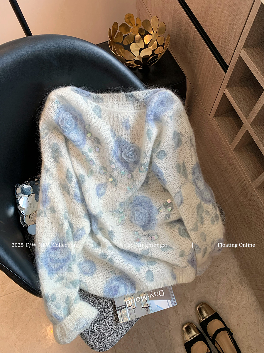 慵懒风蓝色玫瑰亮片设计感毛衣女2025早秋新款软糯气质减龄针织衫
