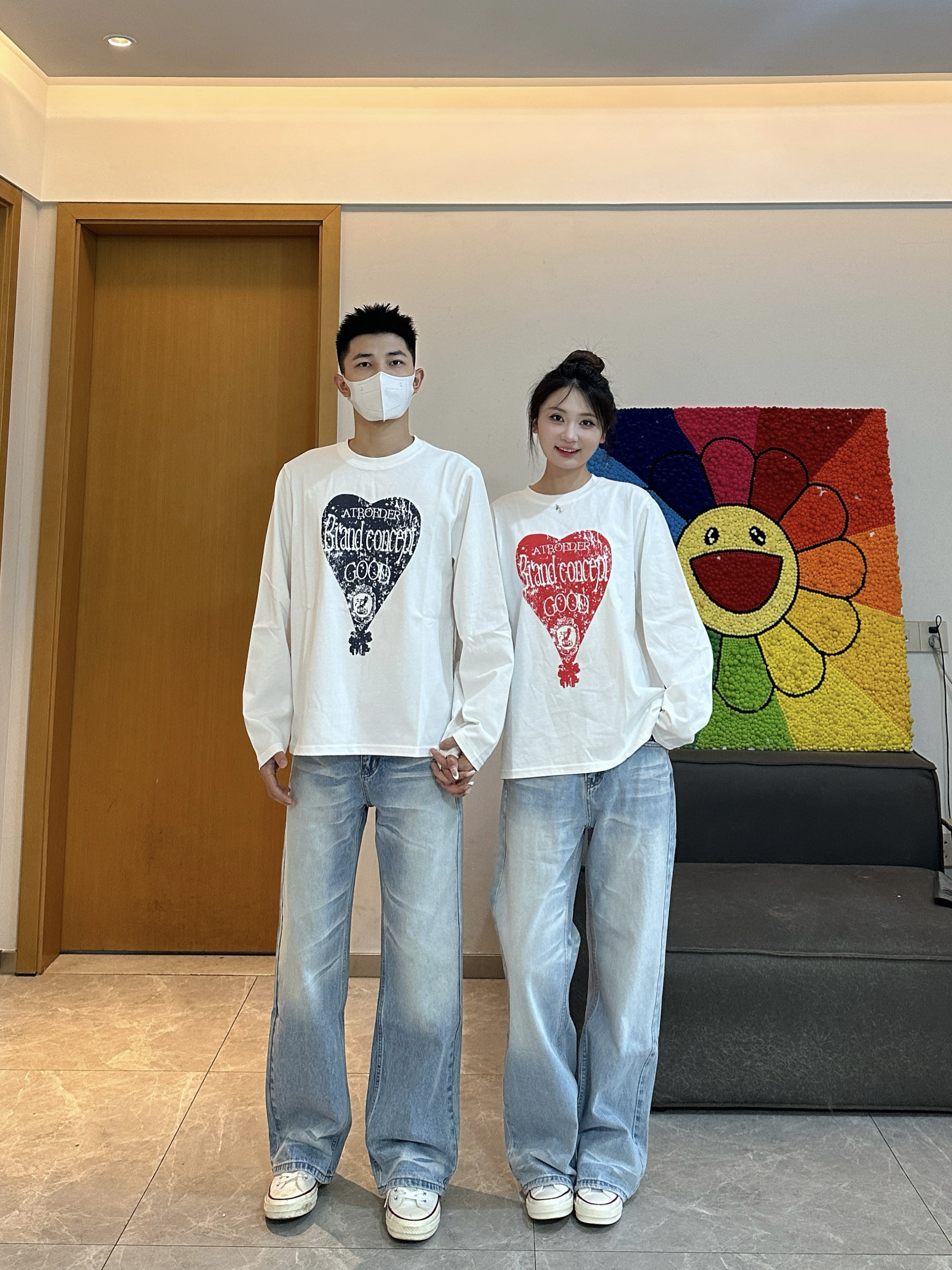 3KU夫妇秋季圆领长袖T恤爱心印花卫衣男女情侣打底上衣休闲N1699