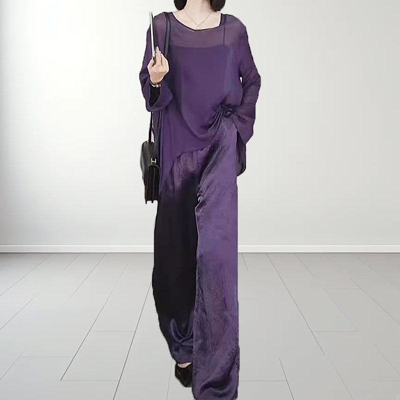 欧货设计感宽松紫色时尚套装女夏季防晒长袖气质薄款洋气三件套装