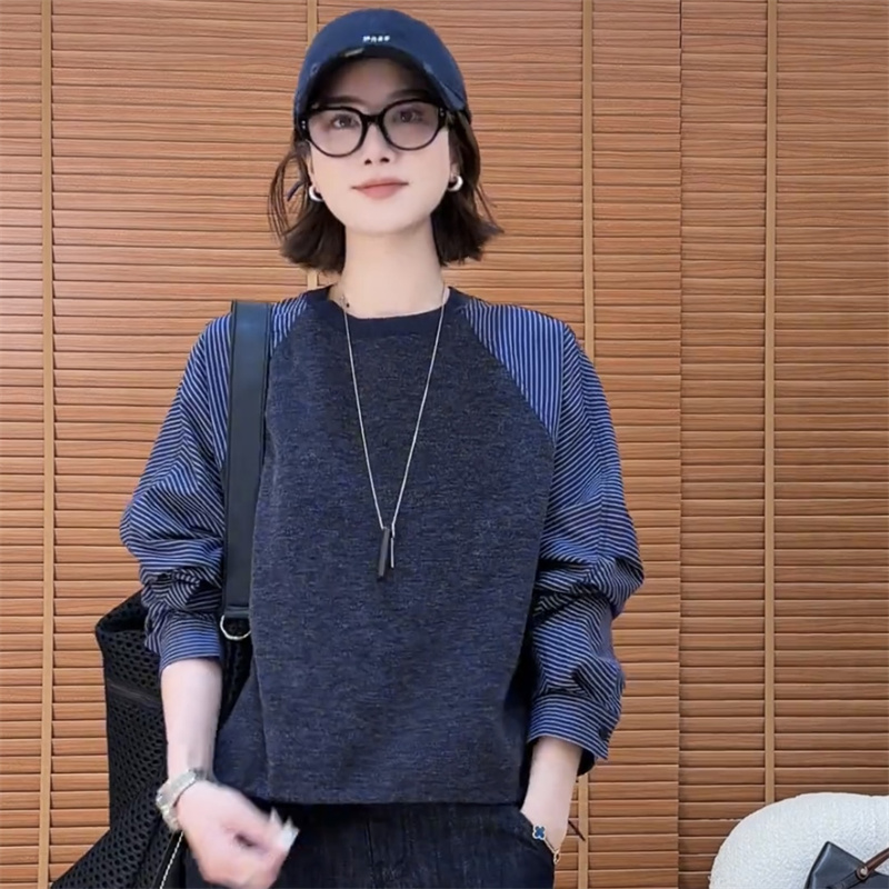 韩版慵懒风条纹拼接圆领长袖卫衣女2025早秋新款宽松显瘦百搭上衣