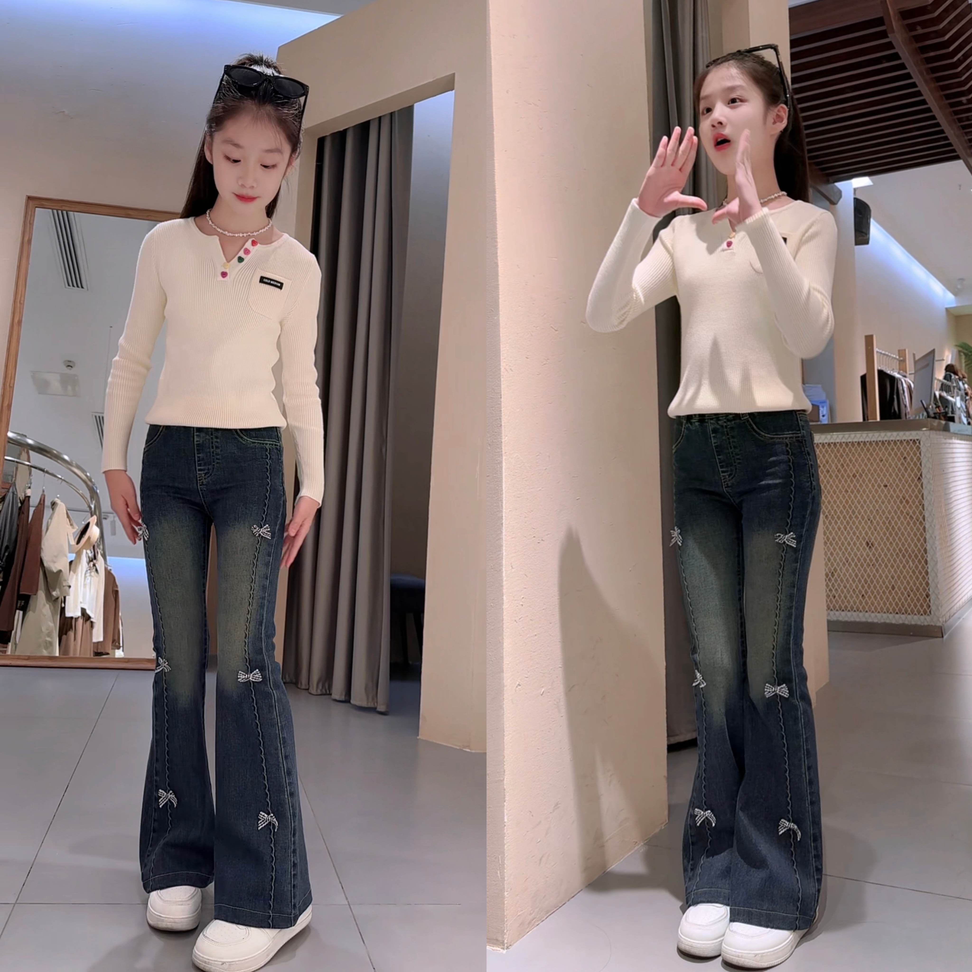 女童喇叭秋季爆款2025儿童装高腰弹力牛仔裤女大童蝴蝶结微喇裤子