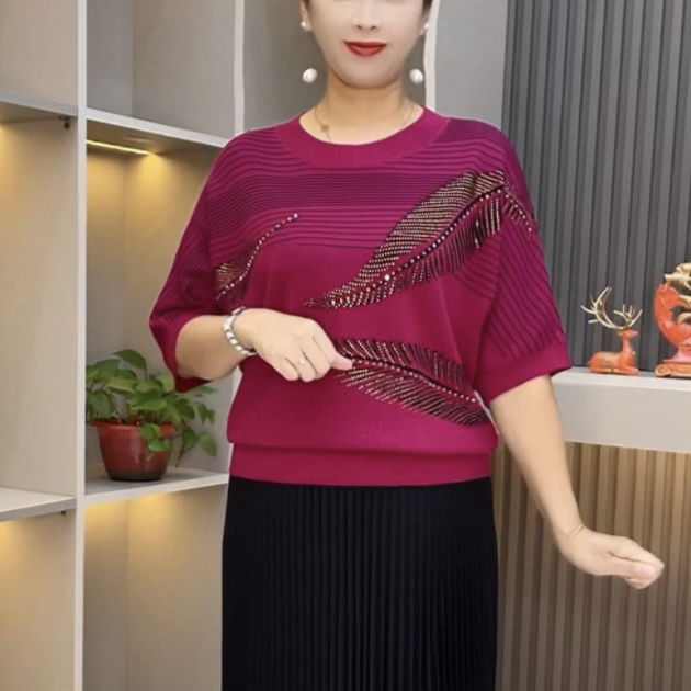 宽松型高雅树叶七分袖妈妈装圆领休闲宽松显瘦气质洋气时尚短衫