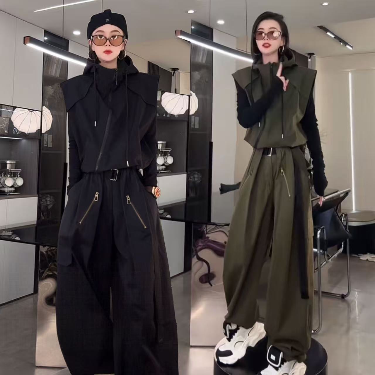 2025春秋新款休闲运动服套装女潮流洋气连帽马甲外套阔腿裤两件套