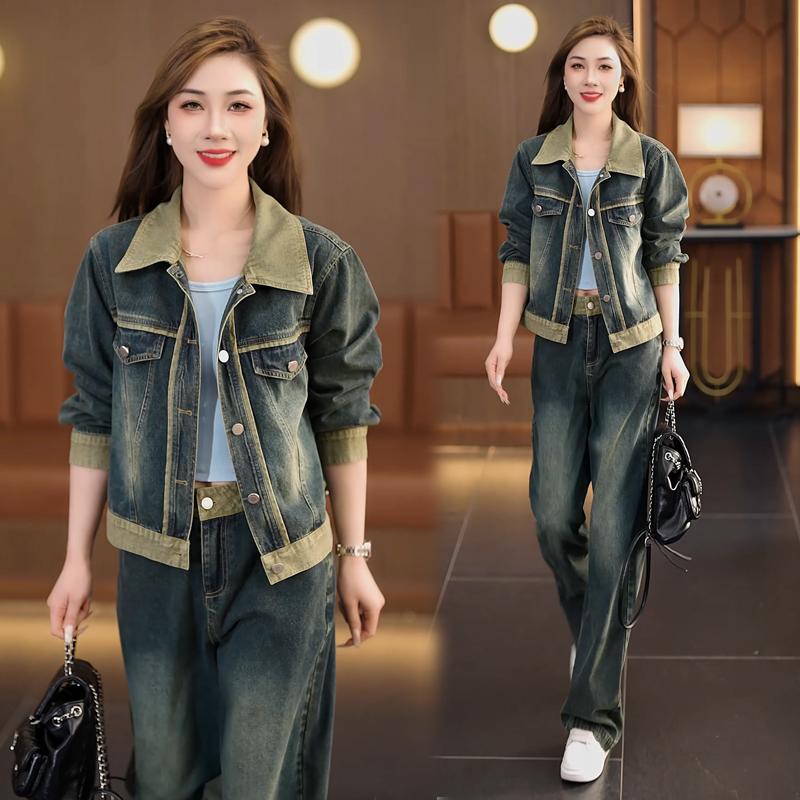 2025春秋新款爆款牛仔套装女时髦洋气减龄短外套休闲阔腿裤两件套