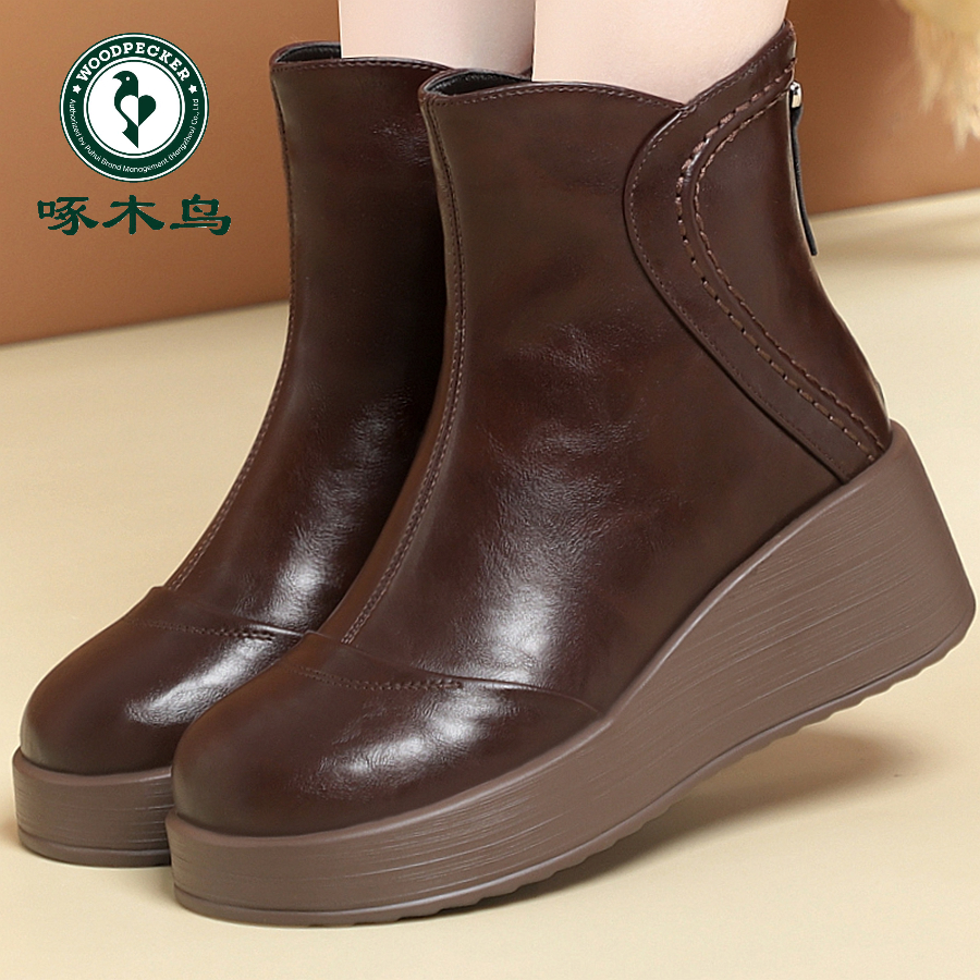 啄木鸟复古靴子圆头纯色后拉链鞋冬季加绒保暖短靴坡跟厚底妈妈鞋