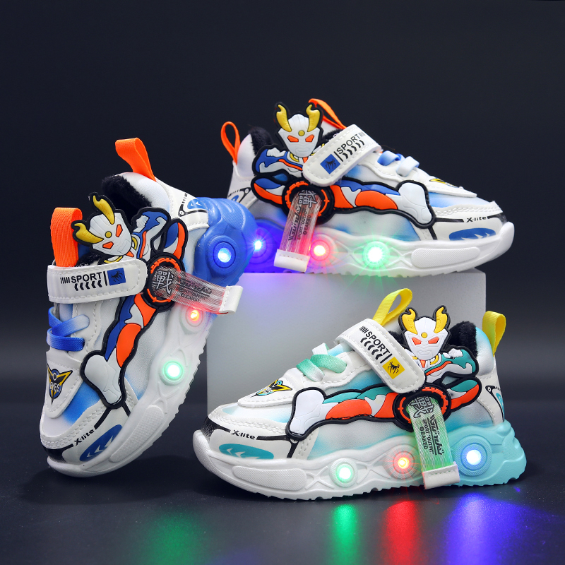 带灯鞋子春秋款皮面双网加绒儿童运动鞋中小童男女童休闲鞋