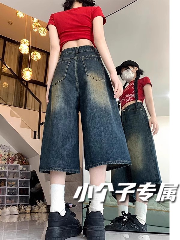 小个子美式复古七分牛仔裤夏季牛仔中裤女高腰显瘦宽松直筒短裤子