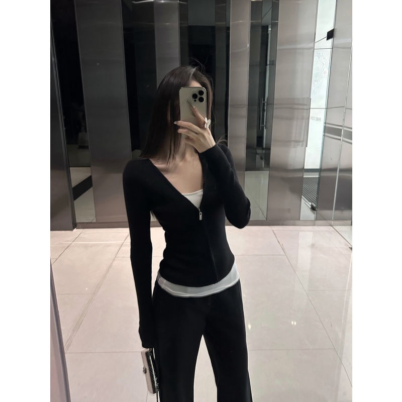 性感辣妹v领长袖针织开衫外套女装秋季黑色百搭显瘦宽松长裤套装