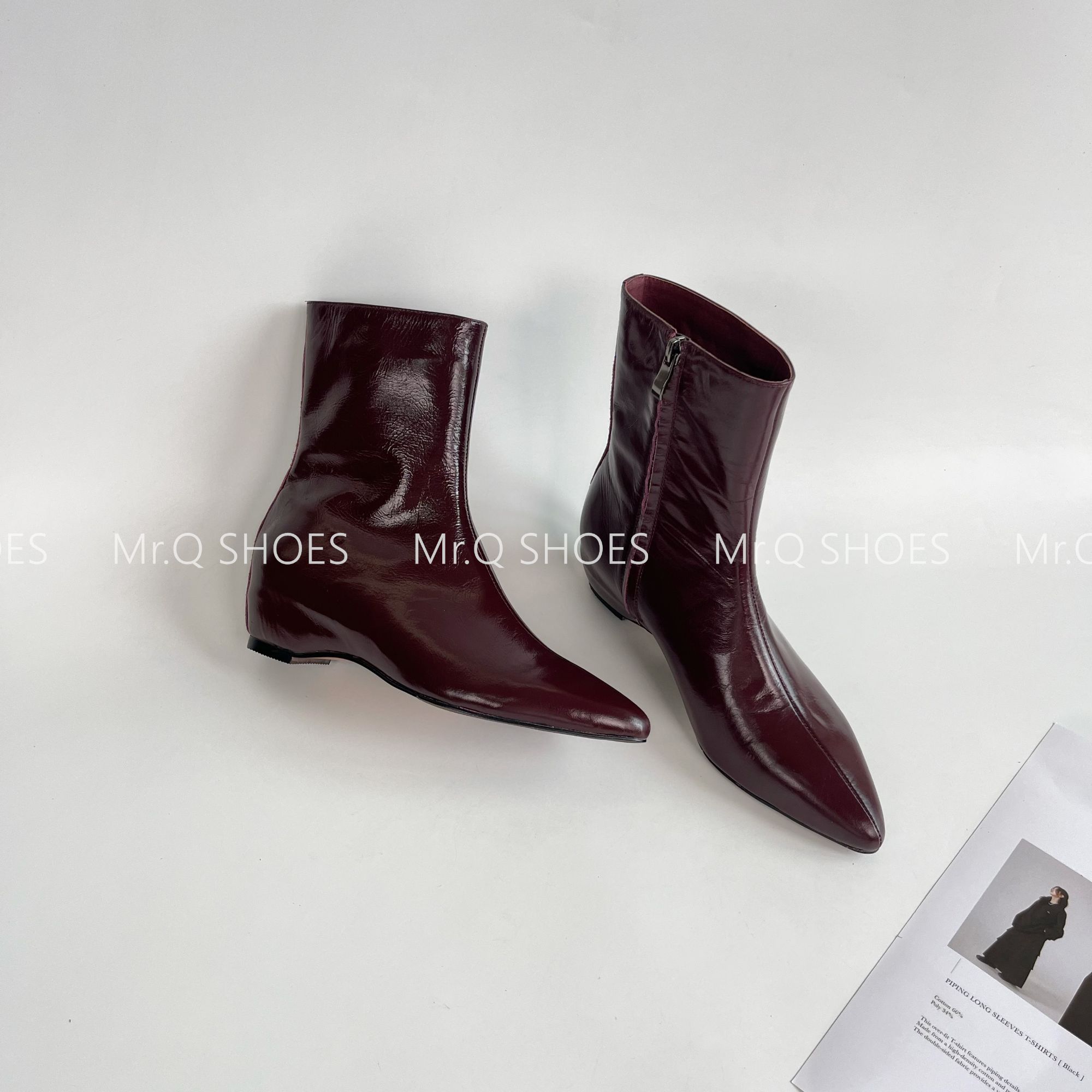 34-40码/跟高4cm/黑红/秋冬新款尖头侧拉链显瘦软皮时装短靴