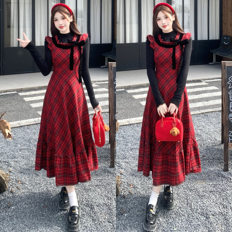 大码胖mm冬季高级感过年战袍长裙减龄显瘦格纹假两件拼接连衣裙女