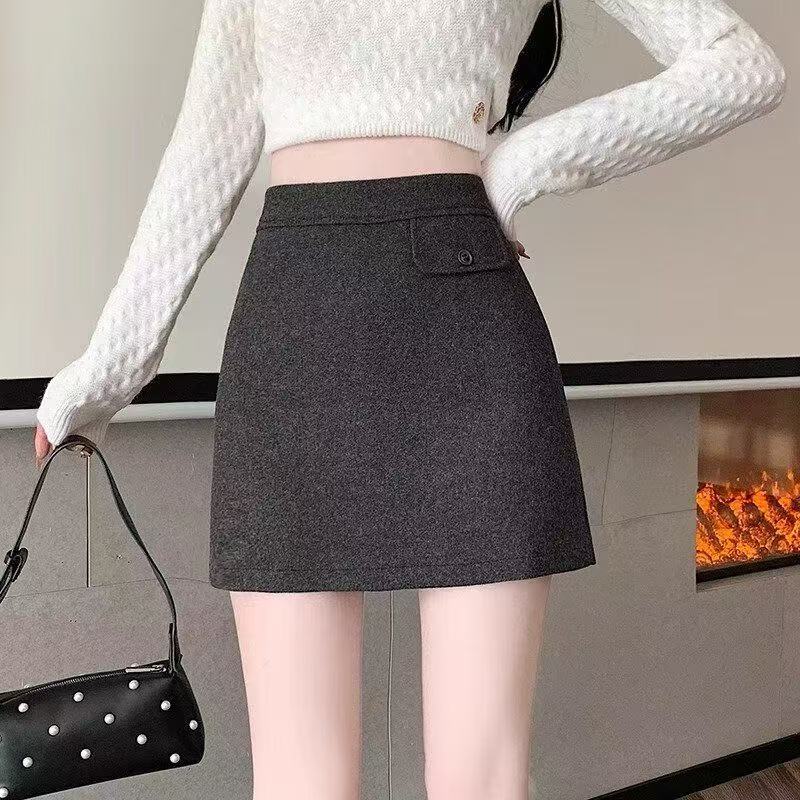 毛呢短裙女秋冬新款高腰遮肉a字防走光百搭包臀半身裙