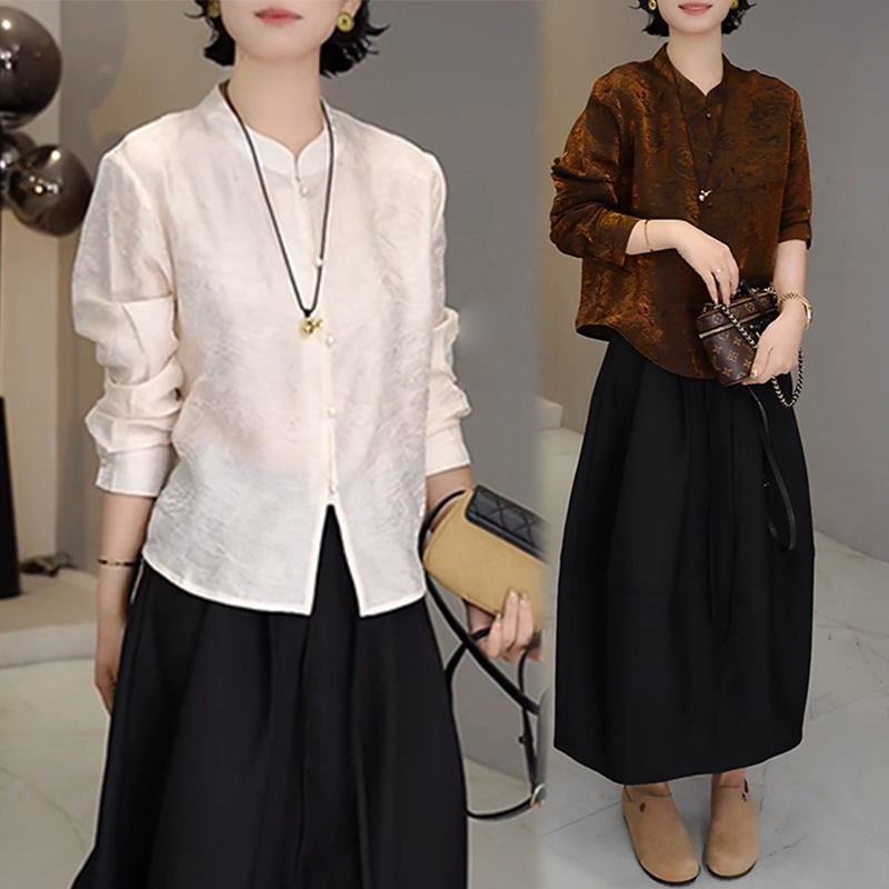 新中式国风复古套装女2025春秋新款暗纹盘扣长袖衬衫半身裙两件套