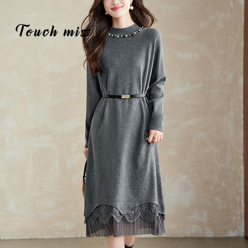 TOUCH MISS蕾丝拼接连衣裙冬季新款气质高级感毛衣裙大码胖mm针织