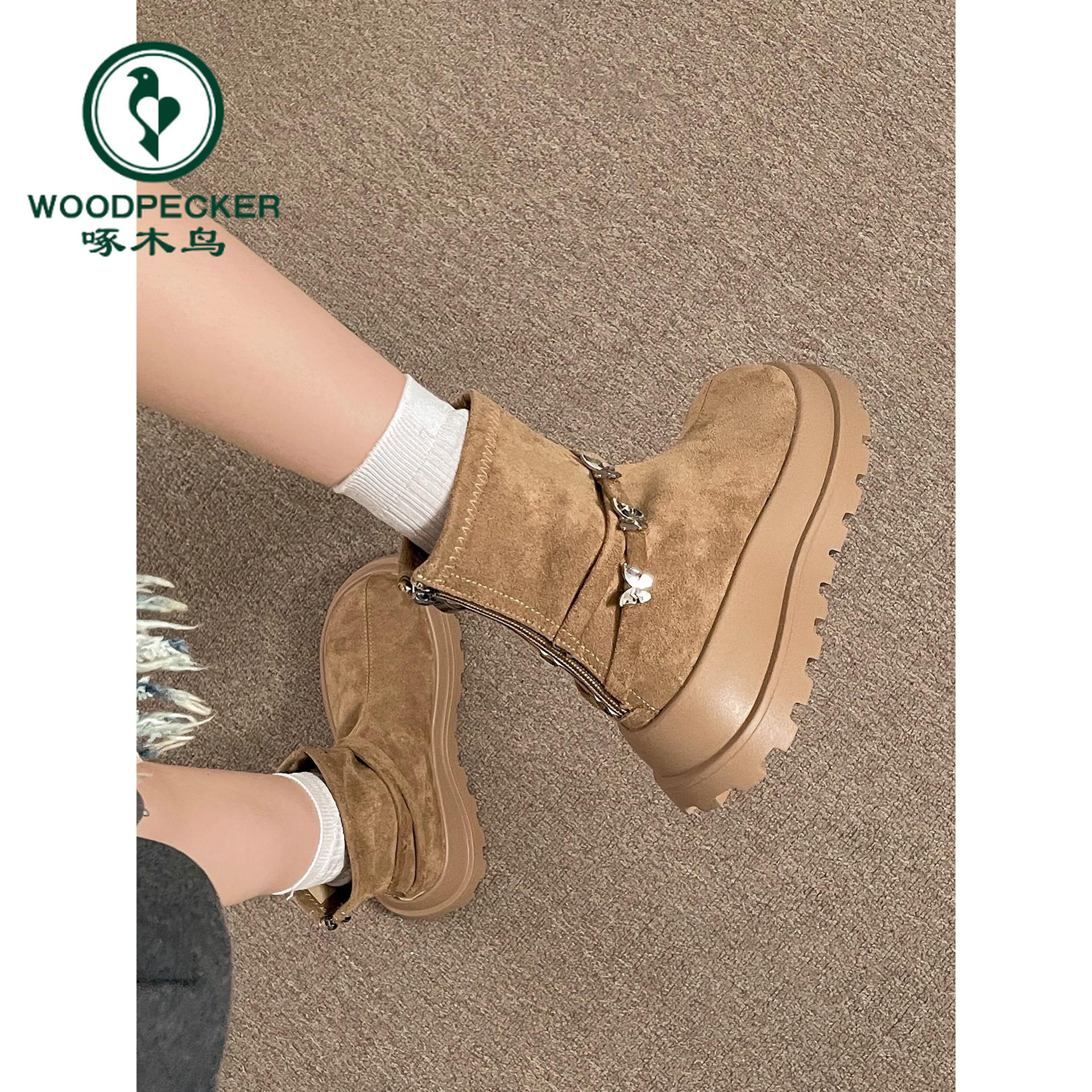 啄木鸟厚底增高马丁靴女切尔西单靴2025新款秋显瘦套筒短靴骑士靴