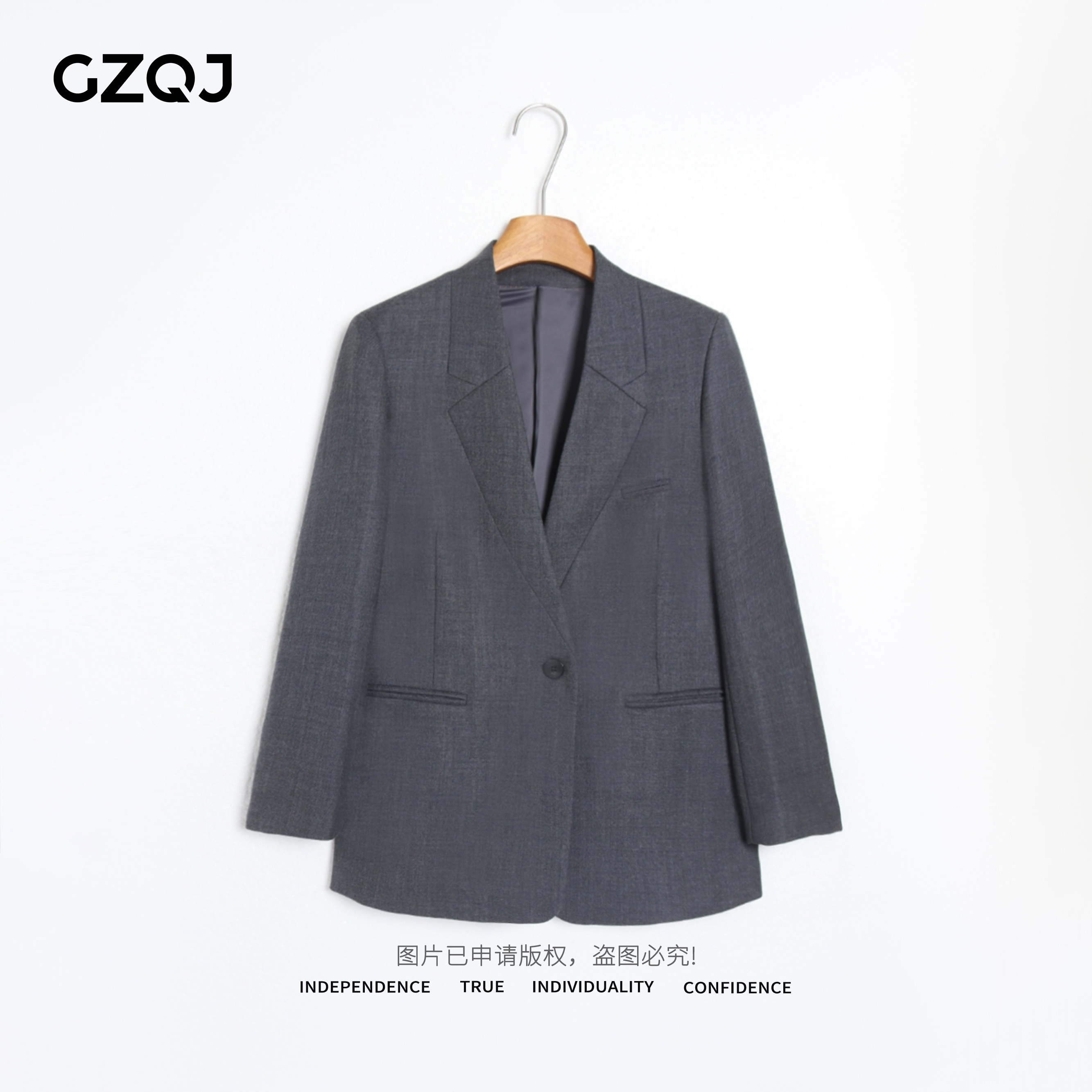 老琴私服【典雅灰韵】100精纺羊毛轻职风显瘦阔挺西装外套女士35282