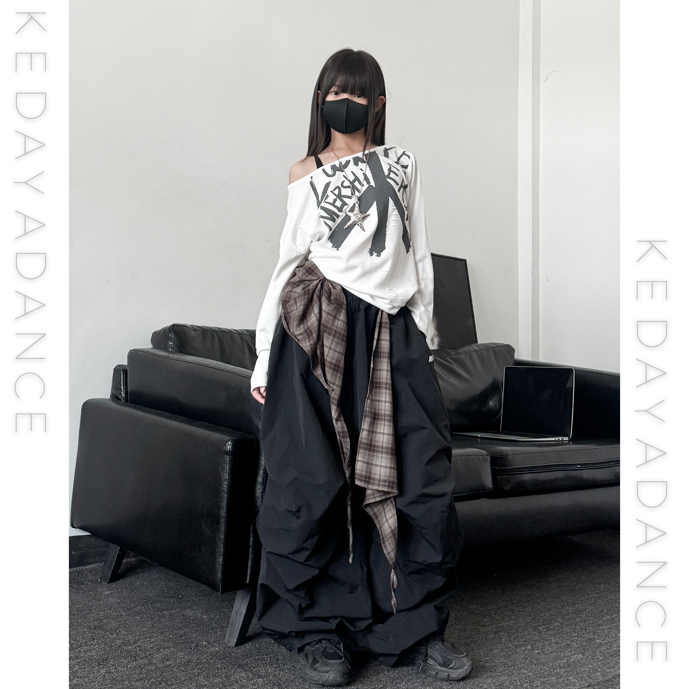 秋季新款童装潮酷女童斜肩长袖T格子腰封长裤少儿舞蹈演出服套装